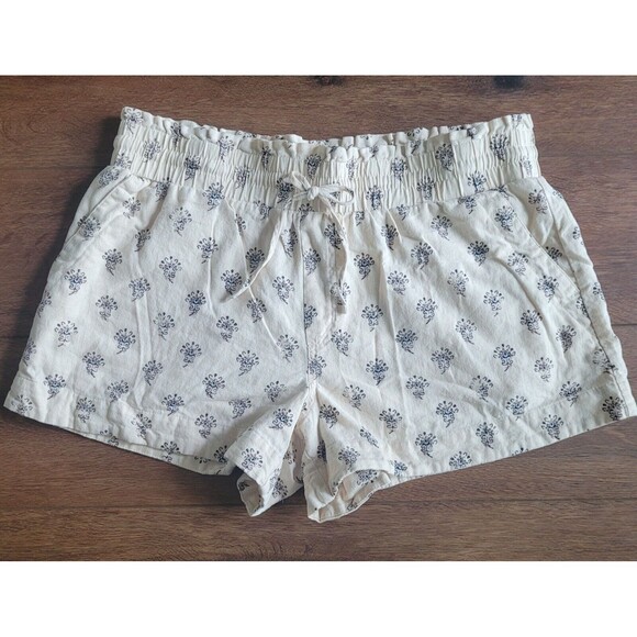 A New Day Womens XL Linen Blend Shorts Paperbag High Rise Pull On Beige Print - Picture 1 of 14